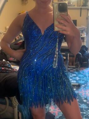 Blue Amarra Sequin Fringe V-Neck Mini Dress